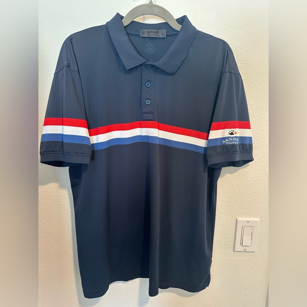 G/Fore Navy Polo Shirt w Red & White Stripes & Bandon Dunes logo on sleeve